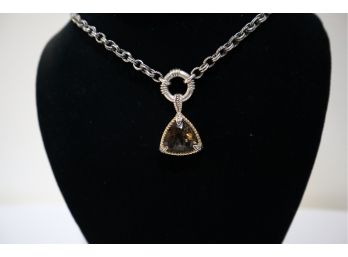 925 Sterling And 14K Gold Smokey Colored Stone Necklace Signed 'NF' And 'TH' With Toggle Clasp 18'