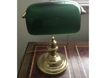Bankers Lamp, Brass Tone Base, Green Glass Shade