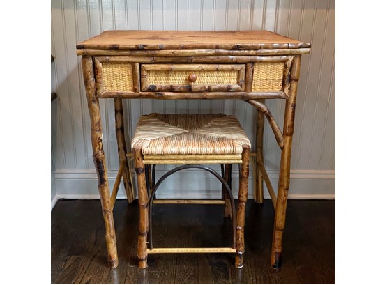 Wonderful Rustic Bentwood Rattan Table With Woven Cane Inlay And Matching Rush Seat Bench