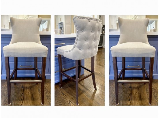 Set Of 3 Fabric Upholstered Counter Stools With Button Tufted Back And Nail Head Accents