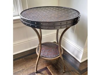 Tiered Accent Table With A Fleur De Lis Embossed Design And Metallic Iron Base