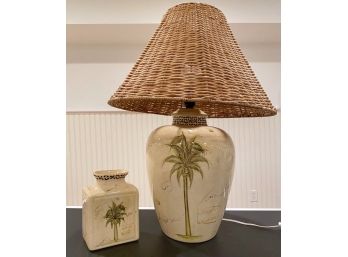 Beautiful Luiz Salvador Hand Painted Glazed Ceramic Lamp With A Woven Wicker Shade And Matching Urn/vase