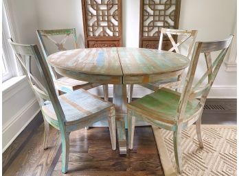 Ethan Allen Custom Distressed Pedestal Dining Table With 6 Chairs - Extension Leaf And Cover Included