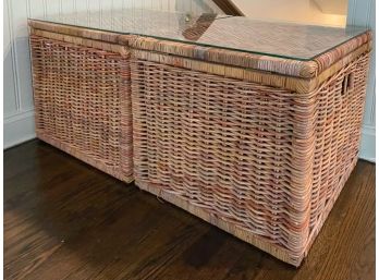 Pair Of Glass Top Wicker Storage Boxes