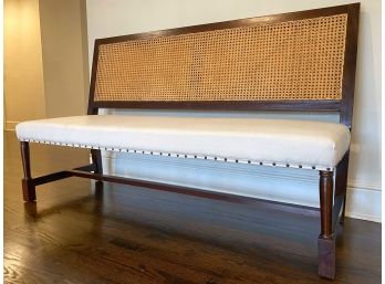 Cane Back Wooden Bench With White Cotton Upholstered Seat And Nail Head Accents