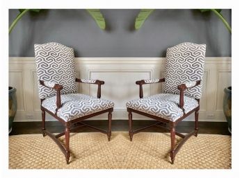 Pair Of French Provincial Inspired Upholstered Armchairs With Padded Arm Rests
