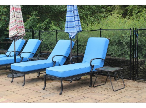 Pair Of Outdoor Patio Chaise Lounges, End Table And Umbrella Stand With Sunbrella Cushions