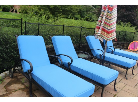 Pair Of Outdoor Patio Chaise Lounges, End Table And Umbrella Stand