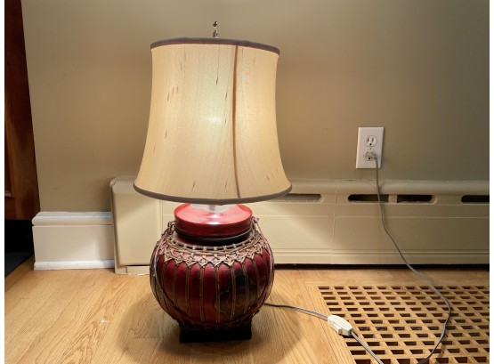 Deep Red Chinese Basket Converted To A Table Lamp