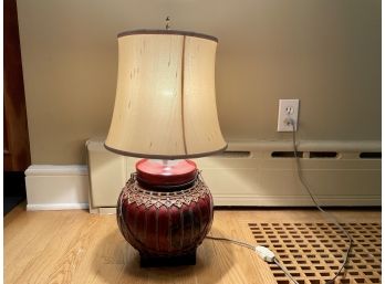 Deep Red Chinese Basket Converted To A Table Lamp