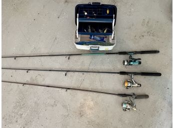 Three Fishing Rods With Reels & Small Tackle Box