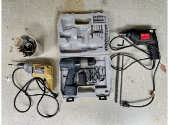 Three Electric Drills Including Ryobi With Extra Bits & Accessories