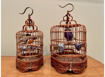 Pair Of Decorative Asian Wood Bird Cages