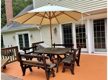 Stained Oak Patio Set With Four Bench Seats & Sunbrella Brand Umbrella