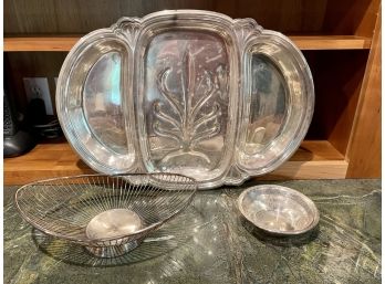 Sterling Pierced Bowl And Silver-plated Carving Platter And Basket