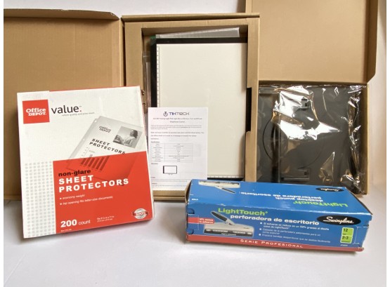 New In Box Office Supplies: Light Box, Rotating Monitor Stand, Hole Puncher & Sheet Protectors