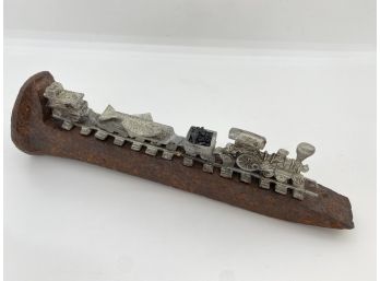 Vintage Railroad Spike With Pewter Train