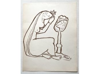 Original Satish Joshi Drawing On Paper, Unframed, Signed 1975