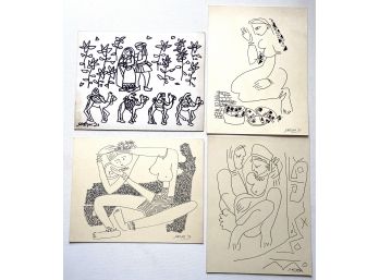Four Original Satish Joshi Drawings On Paper, Unframed, Signed 1970- 1973