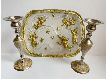 Cherub Serving Tray & Two Candlesticks From India