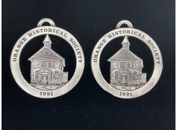 Two 1991 Orange Historical Society Silver Christmas Tree Ornaments