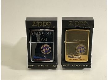 Lot Of Two Vintage Zippo Lighters Solid Brass USS Mobile