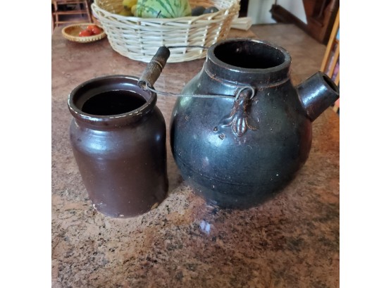 Antique Brown Glazed Stoneware Pitcher & Crock