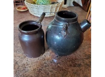 Antique Brown Glazed Stoneware Pitcher & Crock