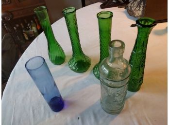 6 Glass Vases & Bottles In Various Styles, Green, Clear, And Blue