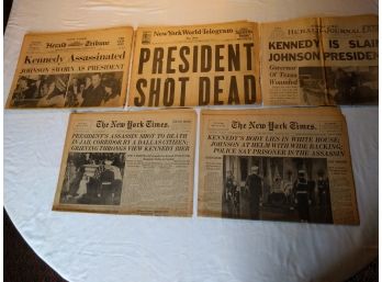 5 Newspapers From Weekend On Kennedy Assasination NY Times, World-Telegram, Herald Tribune