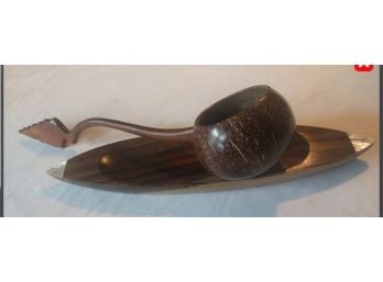 Delicately Carved Wooden Ladle And Mother Of Pearl Inlaid Dish From South East Asia