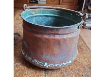 Antique Hand Crafted Copper Kettle Pot With Wrought Iron Handle & Dove Tailed Construction