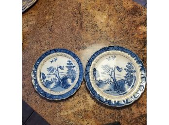 Two Antique Blue Willow Plates