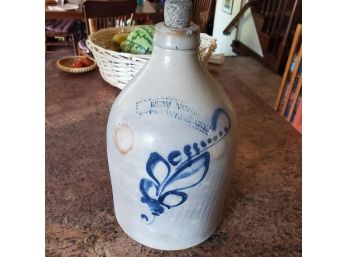 Antique Early American New York Stoneware Co Handled Jug With Lovely Blue Flower