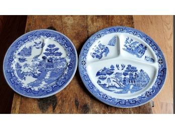 Two Blue Willow Pattern Divided Sectional Dinner Plates-1  Holland & 1 Buffalo China