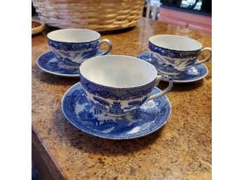 Three Antique Blue Willow Cups With Handles & Saucers