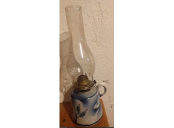 Vintage Oil Lamp With Blue And White Pottery Base, Glass Chimney, 'Eagle' On Brass
