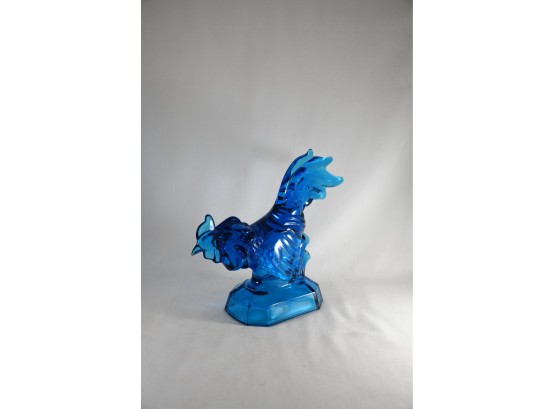 Blue Greek Etched Pattern Glass Plate And Blue Rooster Statue