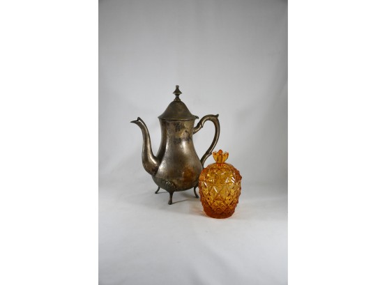 Silver Plated Tea Pot (Tarnish Removes With Polish) And Amber Glass Sugar Bowl With Lid