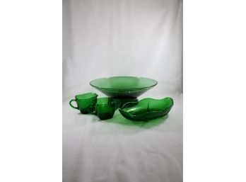 4 Pc. Green Glass Collection, Bowl, Creamer, Sugar Bowl, Dish