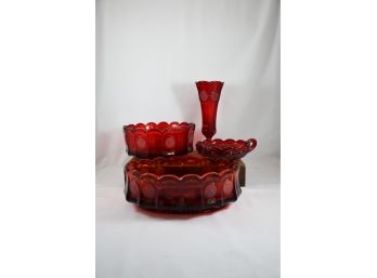 4 Pc. Red Coined Glass - Bowl, Dish, Saucer, Bud Vase