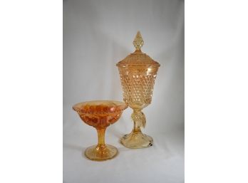 16' Imperial Glass Sawtooth Compote, 7' Imperial Marigold Glass Stem Dish