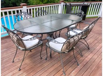 Coated Iron Floral Motif Outdoor Pebbled Glass Top Dining Set With Seating For 6