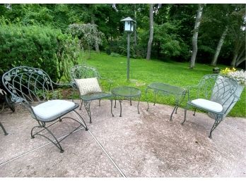 Great Bundle Of Coated Iron Floral Motif Outdoor Patio Furniture Chairs And Pebbled Glass Top Side Tables