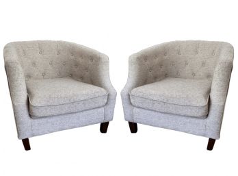 Pair Of Textured Oatmeal Fabric Upholstered Barrel Back Button Tufted Chairs