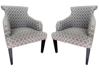 Pair Of Grey And White Lattice Pattern Upholstered Barrel Back Armchairs With Nailhead Accents