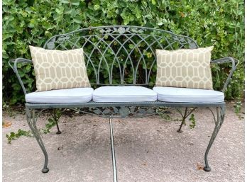 Coated Iron Floral Motif Outdoor Settee With Cushions