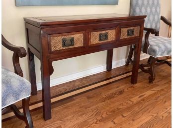 Solid Hardwood Vintage Console Table With Woven Rattan Inlay And Antique Finish Brass Pulls