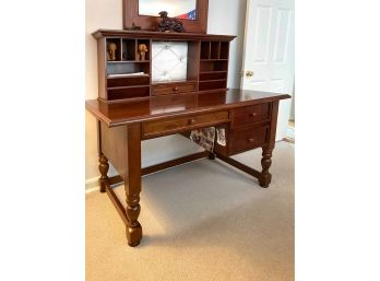 Dark Finish Secretary Desk With Roller Drawers And Turned Spindle Legs
