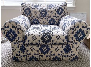 Overstuffed Upholstered Club Chair With Navy And Cream Geometric Pattern Fabric